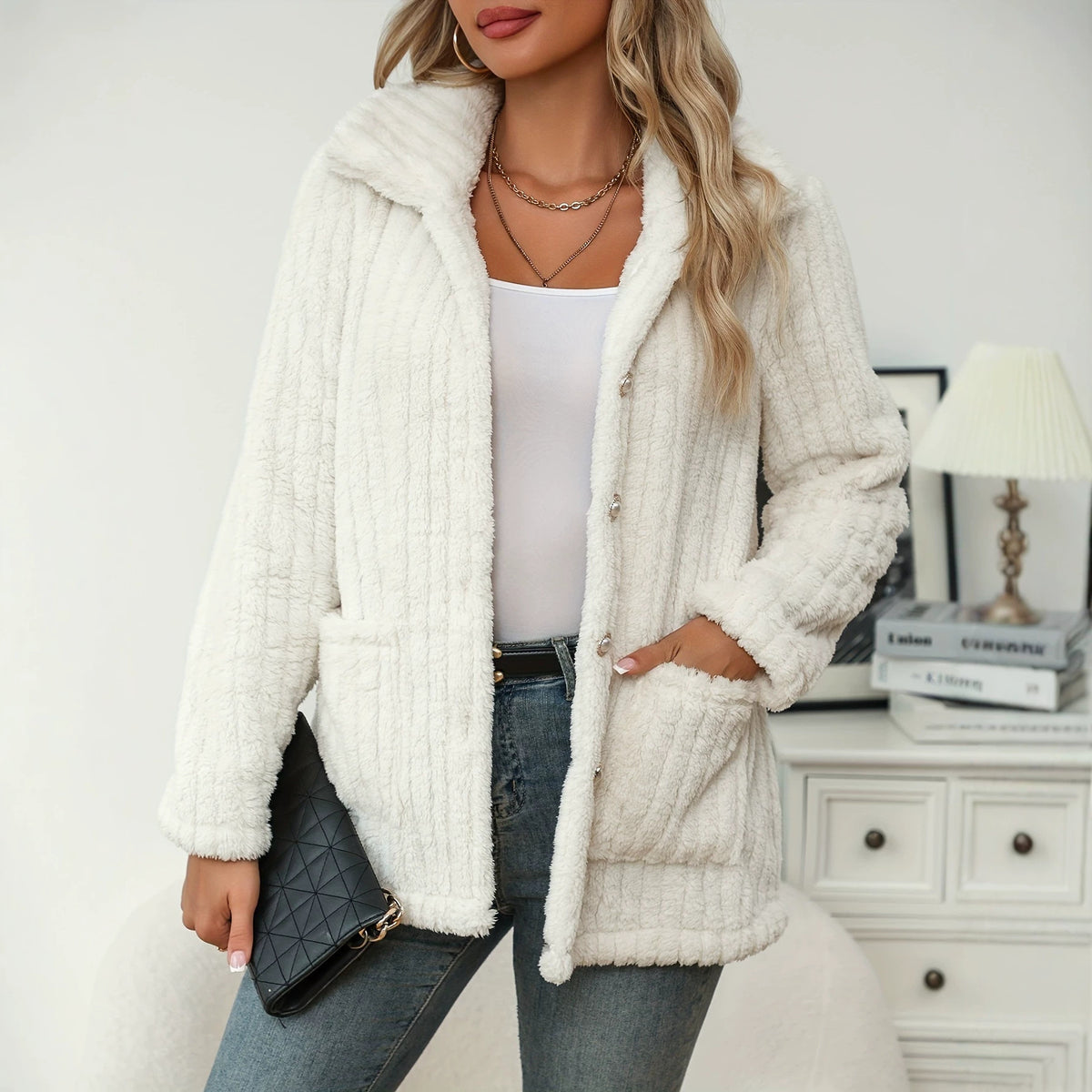 Veste en peluche double face à rayures pour femme – photo 1
