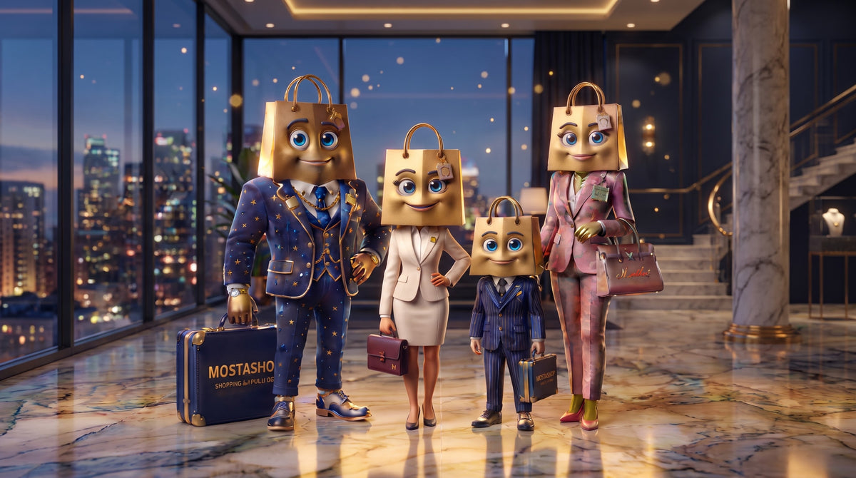Famille Mostashop dans un hall luxueux